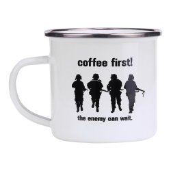 Emaljerad mugg 300 ml, Vit - Coffee First!